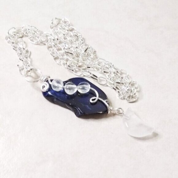 Dark Blue Sea Sediment Jasper & Quartz Drops + Quartz Moon Goddess Necklace - Picture 5 of 7